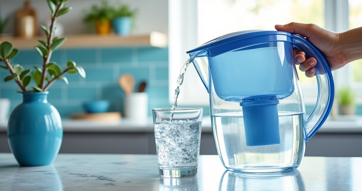 Gefiltertes Wasser wird aus einer Filterkanne in ein Glas gegossen