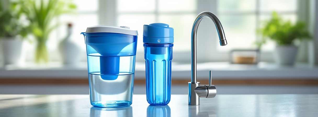 Übersicht aller Wasserfilter-Arten: Kanne, Wasserhahn-Aufsatz, Unter-/Auftischfilter, Umkehrosmose und Wassersprudler-Kombi